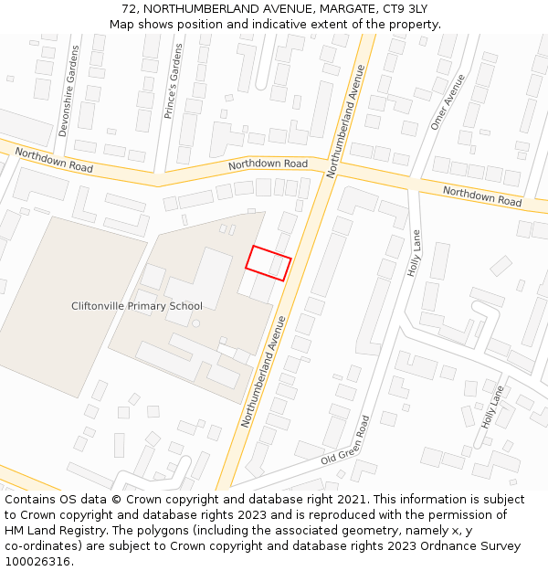 72, NORTHUMBERLAND AVENUE, MARGATE, CT9 3LY: Location map and indicative extent of plot