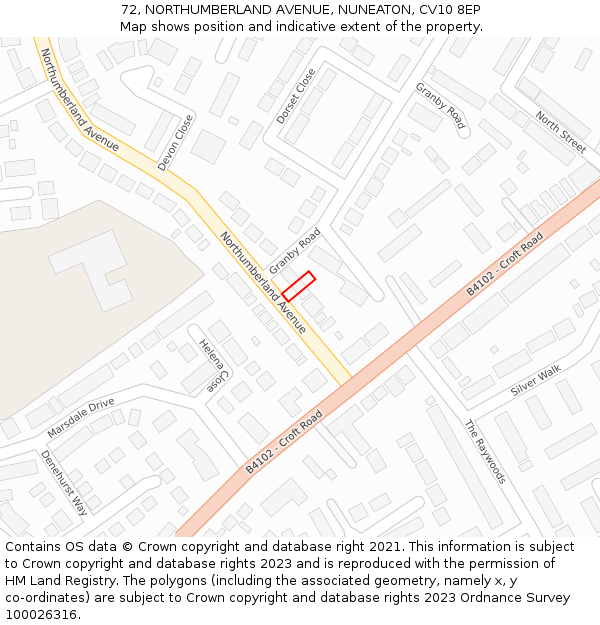 72, NORTHUMBERLAND AVENUE, NUNEATON, CV10 8EP: Location map and indicative extent of plot