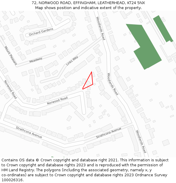 72, NORWOOD ROAD, EFFINGHAM, LEATHERHEAD, KT24 5NX: Location map and indicative extent of plot