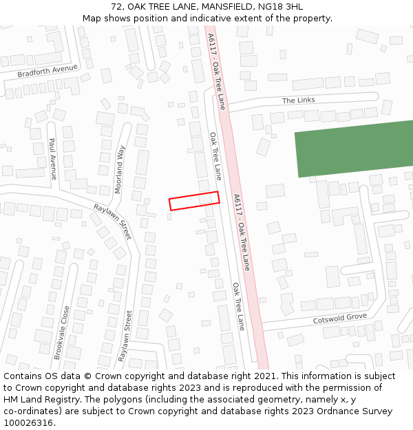 72, OAK TREE LANE, MANSFIELD, NG18 3HL: Location map and indicative extent of plot