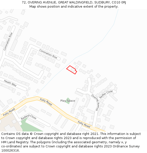 72, OVERING AVENUE, GREAT WALDINGFIELD, SUDBURY, CO10 0RJ: Location map and indicative extent of plot