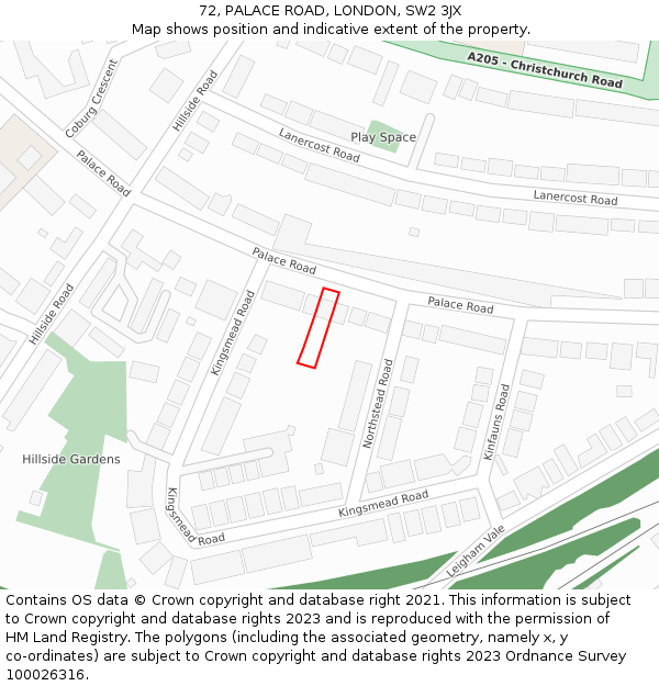 72, PALACE ROAD, LONDON, SW2 3JX: Location map and indicative extent of plot