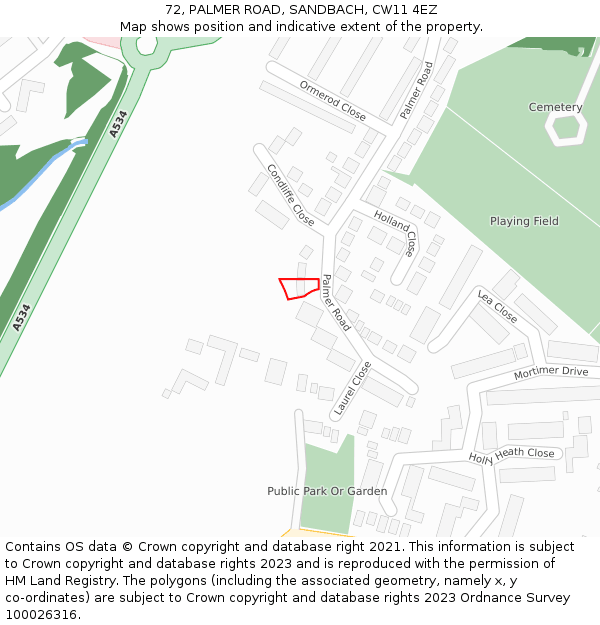 72, PALMER ROAD, SANDBACH, CW11 4EZ: Location map and indicative extent of plot