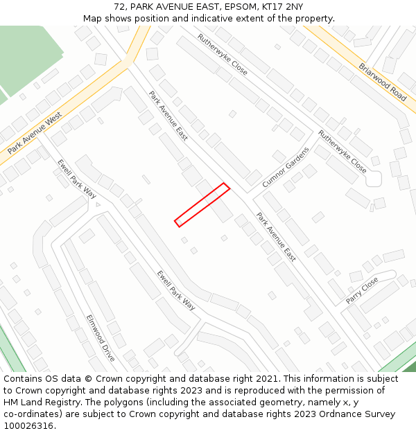 72, PARK AVENUE EAST, EPSOM, KT17 2NY: Location map and indicative extent of plot