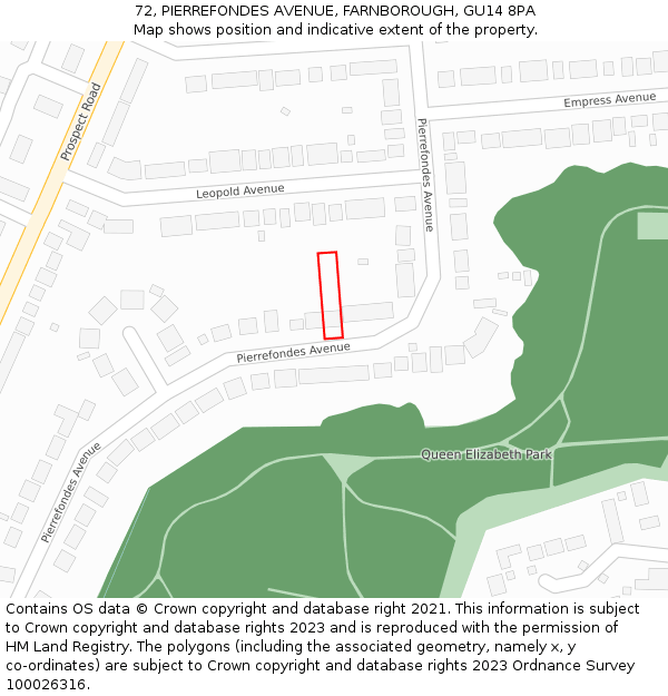 72, PIERREFONDES AVENUE, FARNBOROUGH, GU14 8PA: Location map and indicative extent of plot