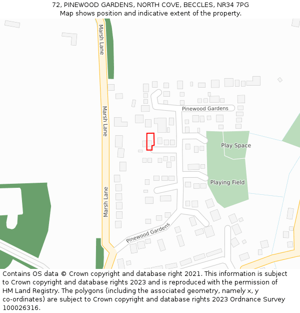 72, PINEWOOD GARDENS, NORTH COVE, BECCLES, NR34 7PG: Location map and indicative extent of plot