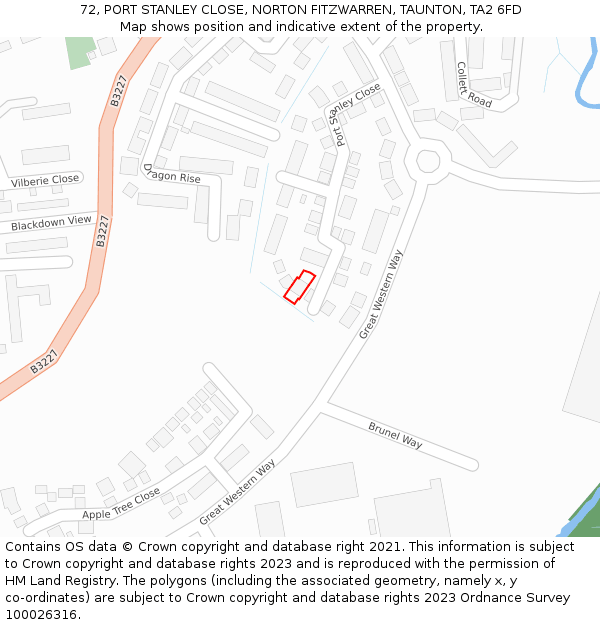 72, PORT STANLEY CLOSE, NORTON FITZWARREN, TAUNTON, TA2 6FD: Location map and indicative extent of plot