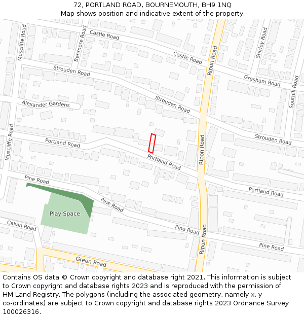 72, PORTLAND ROAD, BOURNEMOUTH, BH9 1NQ: Location map and indicative extent of plot