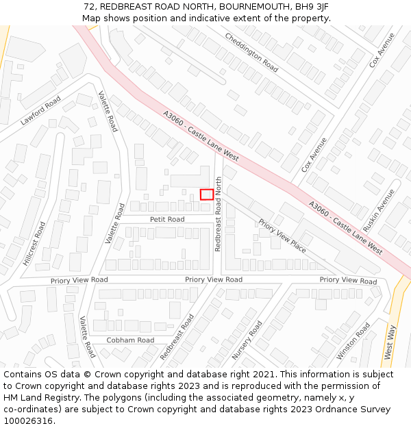 72, REDBREAST ROAD NORTH, BOURNEMOUTH, BH9 3JF: Location map and indicative extent of plot