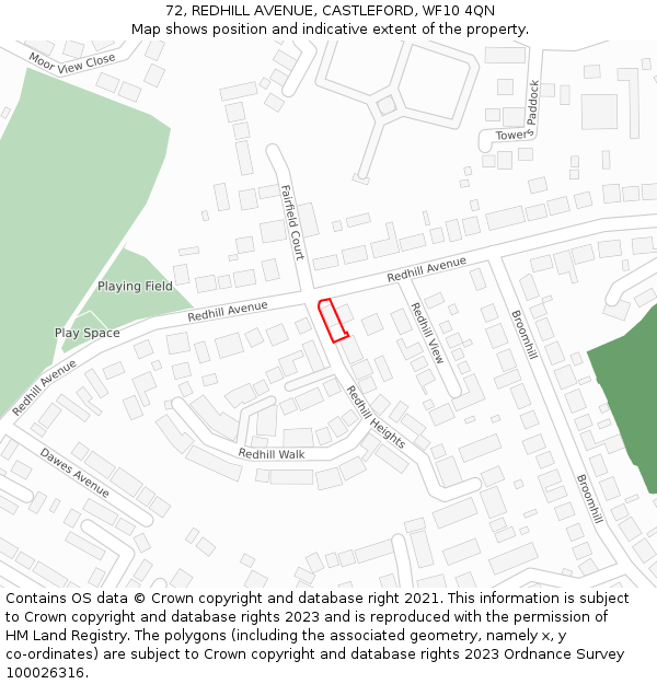 72, REDHILL AVENUE, CASTLEFORD, WF10 4QN: Location map and indicative extent of plot