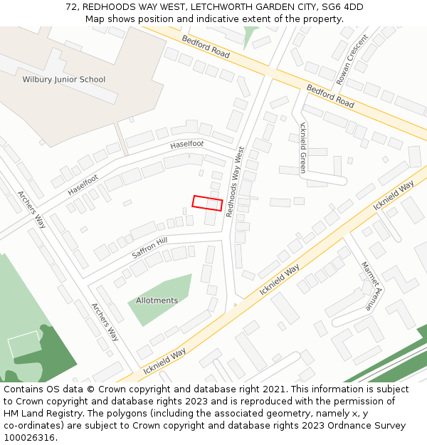 72, REDHOODS WAY WEST, LETCHWORTH GARDEN CITY, SG6 4DD: Location map and indicative extent of plot