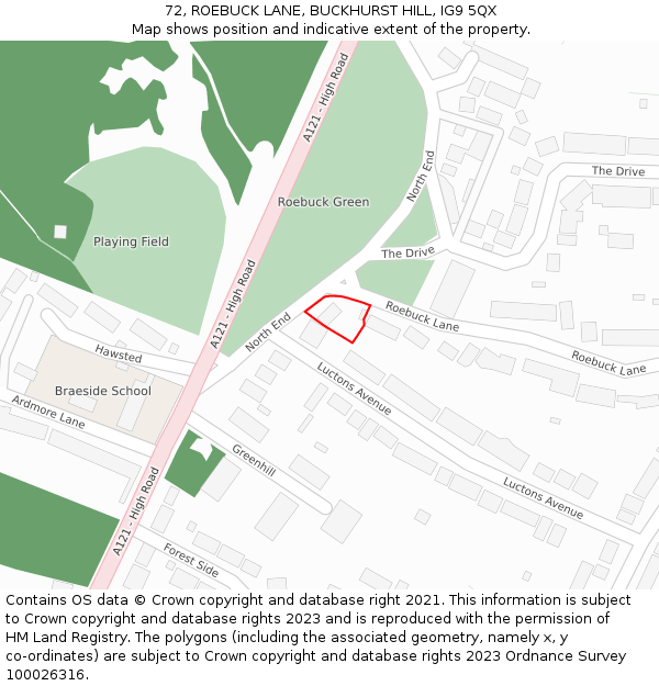 72, ROEBUCK LANE, BUCKHURST HILL, IG9 5QX: Location map and indicative extent of plot