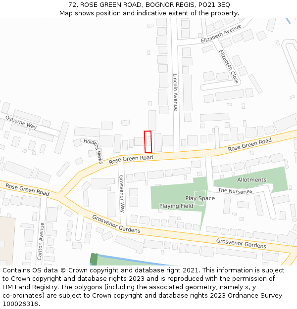 72, ROSE GREEN ROAD, BOGNOR REGIS, PO21 3EQ: Location map and indicative extent of plot