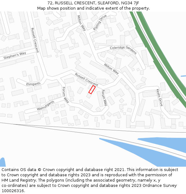 72, RUSSELL CRESCENT, SLEAFORD, NG34 7JF: Location map and indicative extent of plot