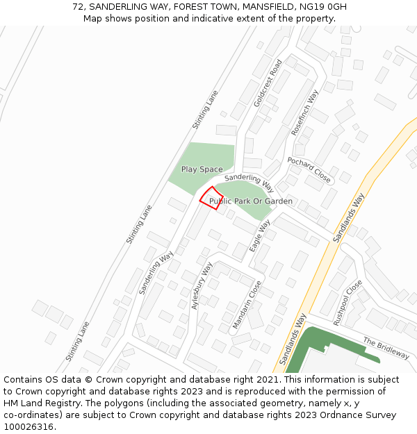 72, SANDERLING WAY, FOREST TOWN, MANSFIELD, NG19 0GH: Location map and indicative extent of plot