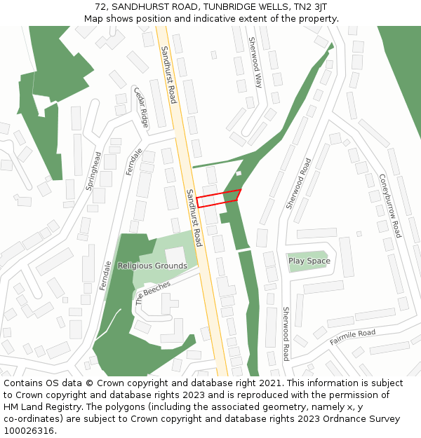 72, SANDHURST ROAD, TUNBRIDGE WELLS, TN2 3JT: Location map and indicative extent of plot