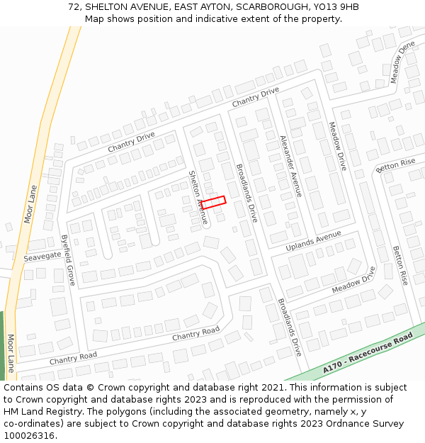 72, SHELTON AVENUE, EAST AYTON, SCARBOROUGH, YO13 9HB: Location map and indicative extent of plot