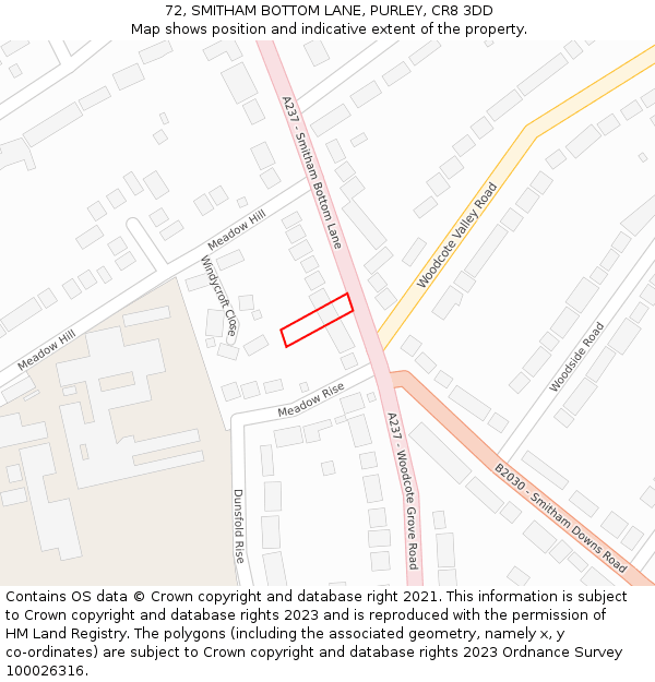 72, SMITHAM BOTTOM LANE, PURLEY, CR8 3DD: Location map and indicative extent of plot