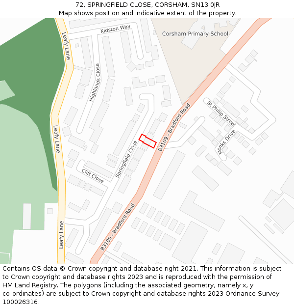 72, SPRINGFIELD CLOSE, CORSHAM, SN13 0JR: Location map and indicative extent of plot