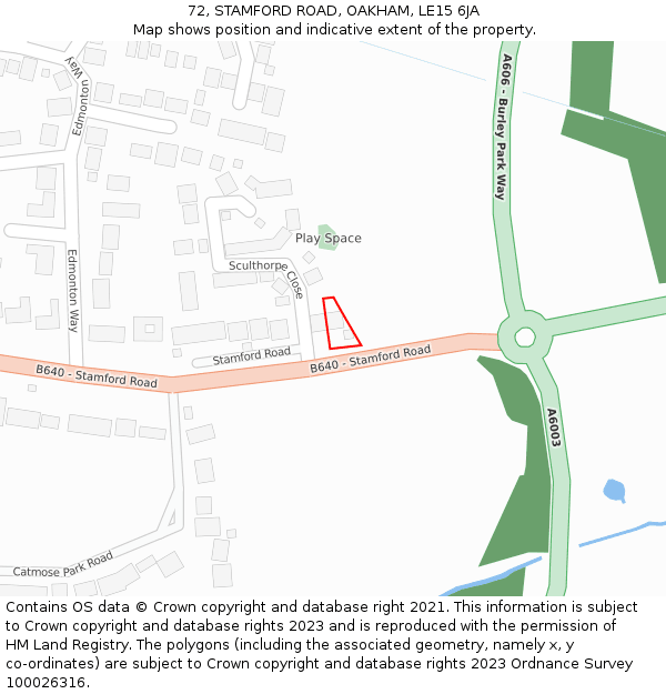 72, STAMFORD ROAD, OAKHAM, LE15 6JA: Location map and indicative extent of plot