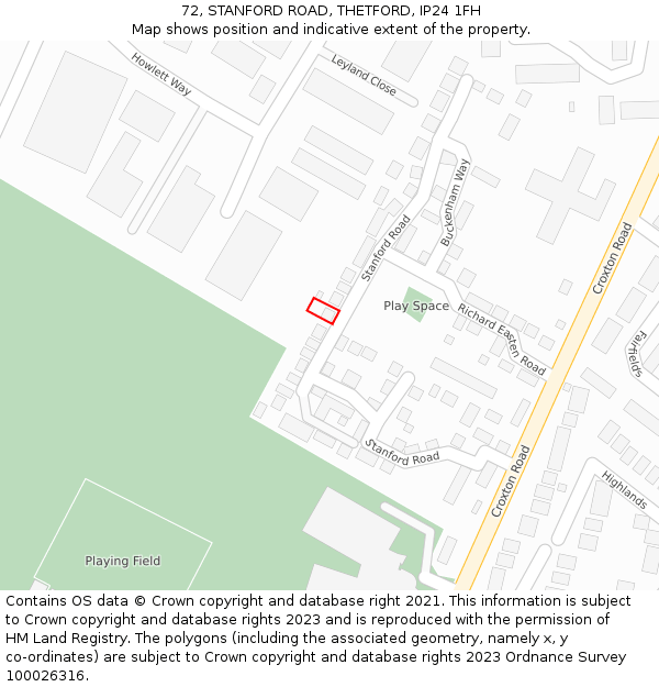 72, STANFORD ROAD, THETFORD, IP24 1FH: Location map and indicative extent of plot