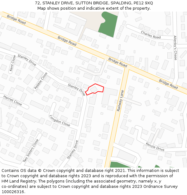 72, STANLEY DRIVE, SUTTON BRIDGE, SPALDING, PE12 9XQ: Location map and indicative extent of plot