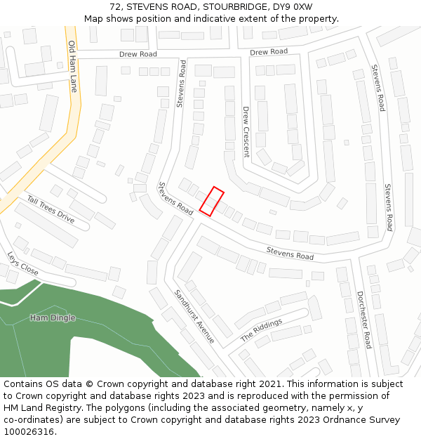 72, STEVENS ROAD, STOURBRIDGE, DY9 0XW: Location map and indicative extent of plot