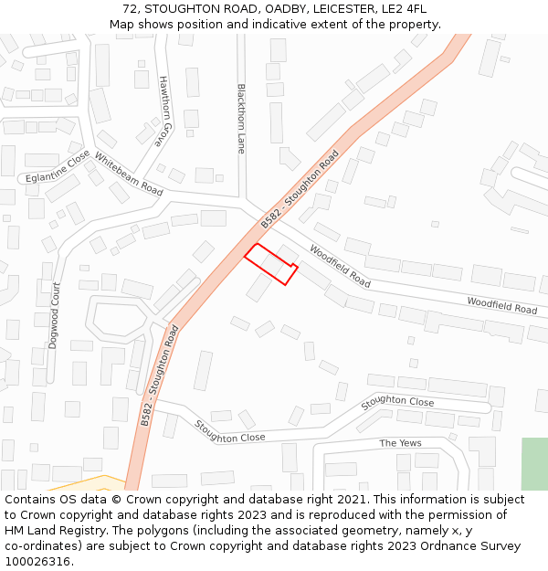 72, STOUGHTON ROAD, OADBY, LEICESTER, LE2 4FL: Location map and indicative extent of plot