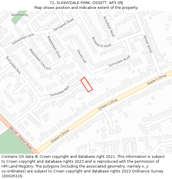 72, SUNNYDALE PARK, OSSETT, WF5 0RJ: Location map and indicative extent of plot