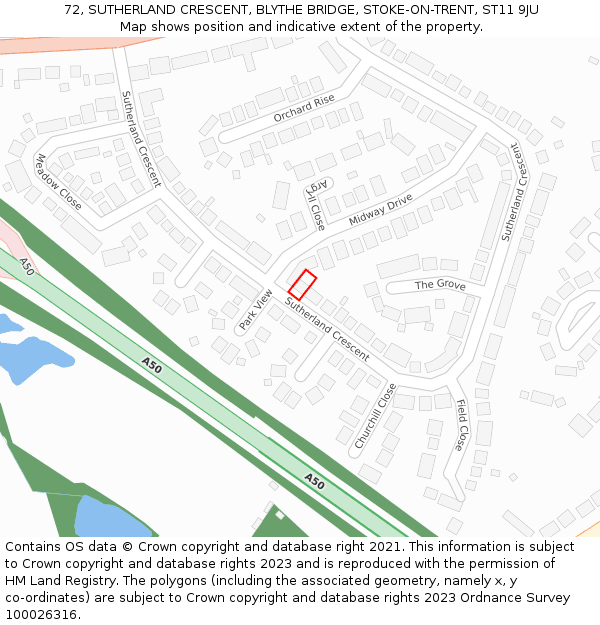 72, SUTHERLAND CRESCENT, BLYTHE BRIDGE, STOKE-ON-TRENT, ST11 9JU: Location map and indicative extent of plot