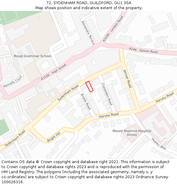 72, SYDENHAM ROAD, GUILDFORD, GU1 3SA: Location map and indicative extent of plot