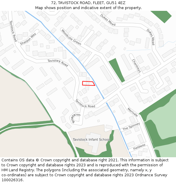 72, TAVISTOCK ROAD, FLEET, GU51 4EZ: Location map and indicative extent of plot