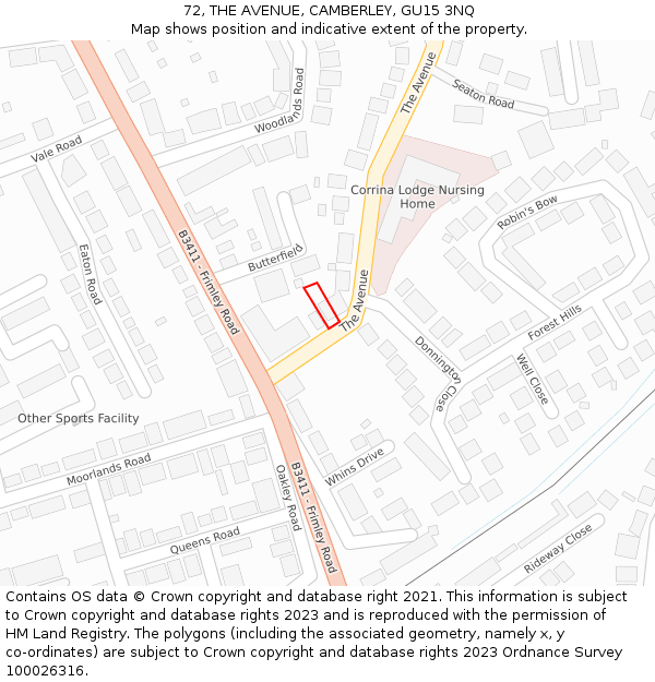 72, THE AVENUE, CAMBERLEY, GU15 3NQ: Location map and indicative extent of plot