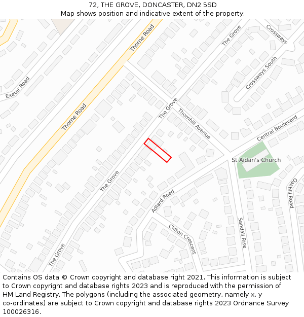 72, THE GROVE, DONCASTER, DN2 5SD: Location map and indicative extent of plot