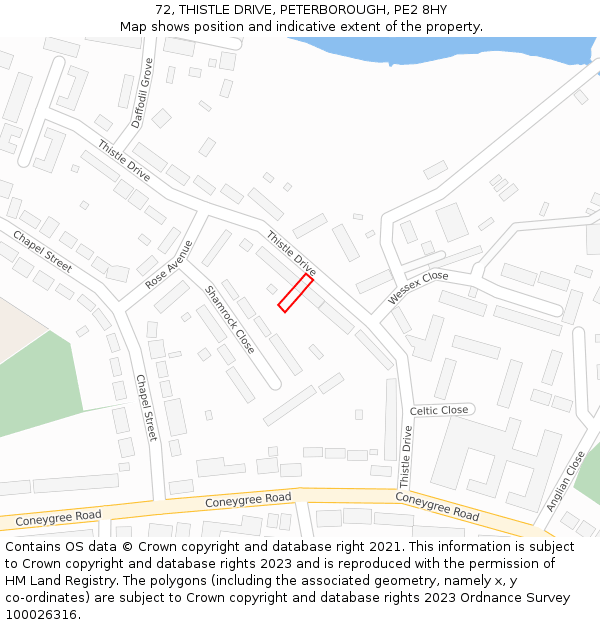 72, THISTLE DRIVE, PETERBOROUGH, PE2 8HY: Location map and indicative extent of plot