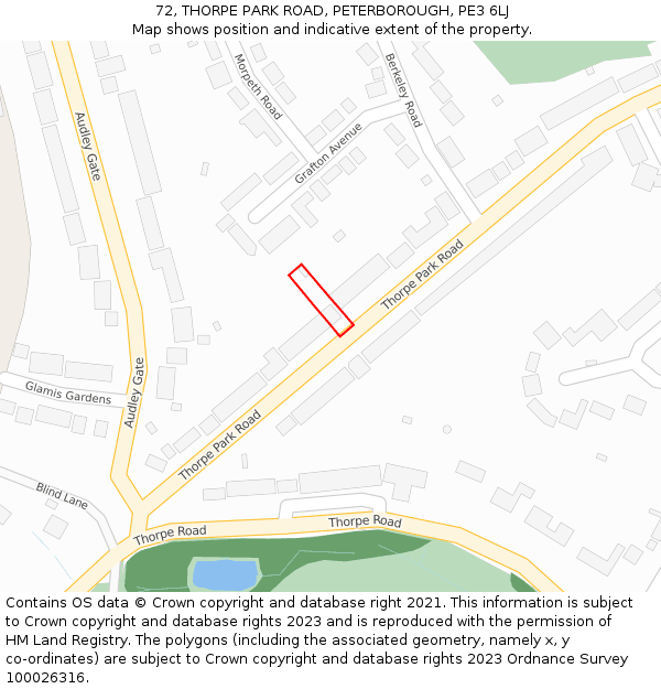 72, THORPE PARK ROAD, PETERBOROUGH, PE3 6LJ: Location map and indicative extent of plot