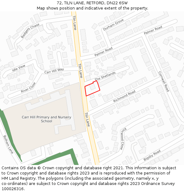 72, TILN LANE, RETFORD, DN22 6SW: Location map and indicative extent of plot