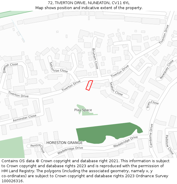 72, TIVERTON DRIVE, NUNEATON, CV11 6YL: Location map and indicative extent of plot