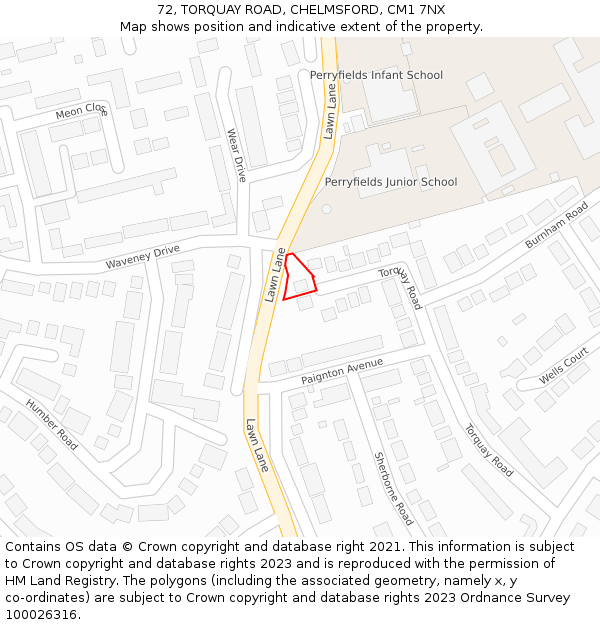 72, TORQUAY ROAD, CHELMSFORD, CM1 7NX: Location map and indicative extent of plot