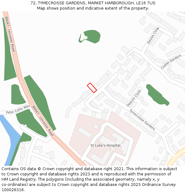 72, TYMECROSSE GARDENS, MARKET HARBOROUGH, LE16 7US: Location map and indicative extent of plot