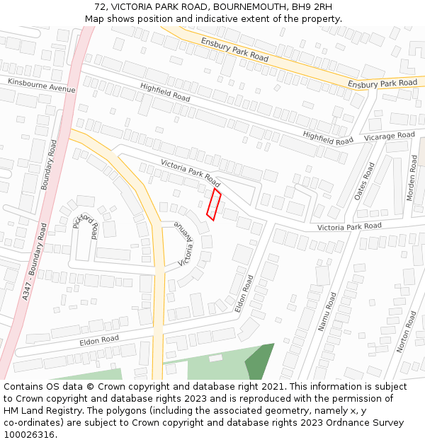 72, VICTORIA PARK ROAD, BOURNEMOUTH, BH9 2RH: Location map and indicative extent of plot