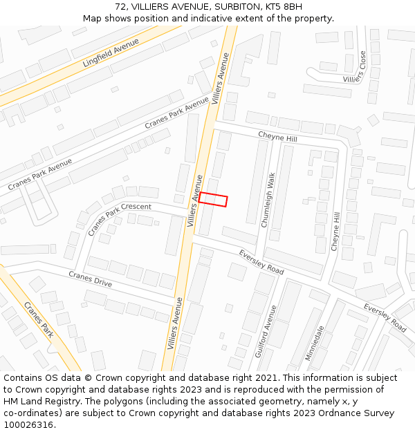 72, VILLIERS AVENUE, SURBITON, KT5 8BH: Location map and indicative extent of plot