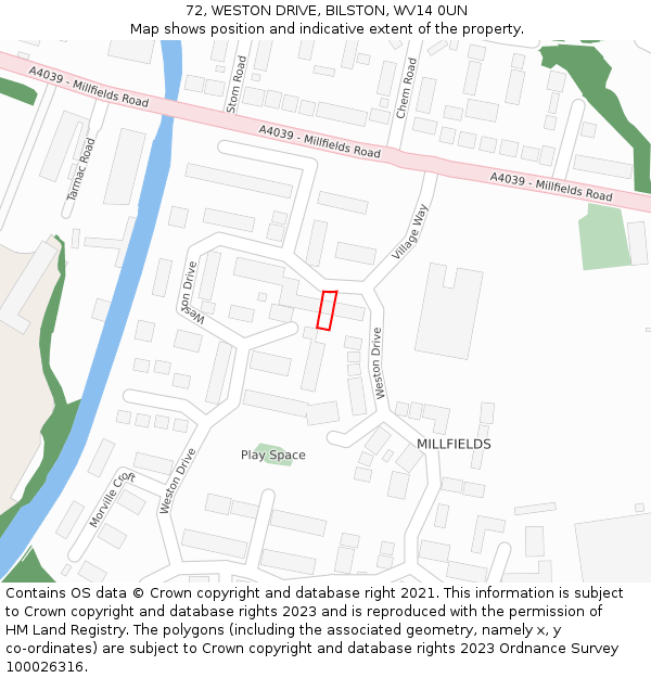 72, WESTON DRIVE, BILSTON, WV14 0UN: Location map and indicative extent of plot