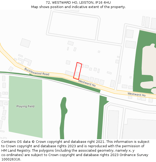 72, WESTWARD HO, LEISTON, IP16 4HU: Location map and indicative extent of plot