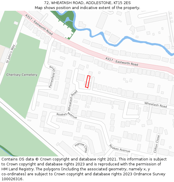 72, WHEATASH ROAD, ADDLESTONE, KT15 2ES: Location map and indicative extent of plot