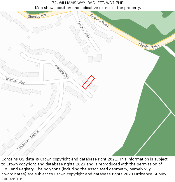 72, WILLIAMS WAY, RADLETT, WD7 7HB: Location map and indicative extent of plot