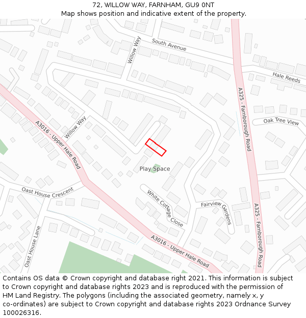 72, WILLOW WAY, FARNHAM, GU9 0NT: Location map and indicative extent of plot