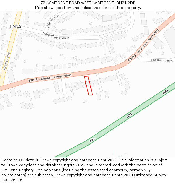 72, WIMBORNE ROAD WEST, WIMBORNE, BH21 2DP: Location map and indicative extent of plot