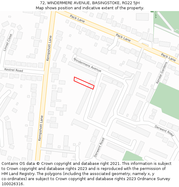 72, WINDERMERE AVENUE, BASINGSTOKE, RG22 5JH: Location map and indicative extent of plot