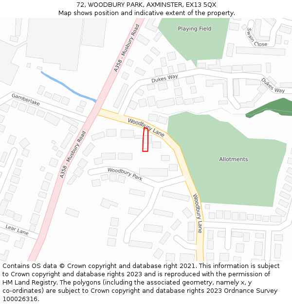 72, WOODBURY PARK, AXMINSTER, EX13 5QX: Location map and indicative extent of plot